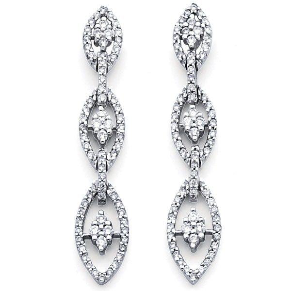.  The innovative  fancy diamond design in white gold makes our 18K Diamond Dangle Earrings an instant hit. Perfect for the contemporary female who appreciates elegance and who wants her jewelry to complement her own personal style.  Order this today or browse our incredible selection of fine diamond jewelry. Earring Information 18K White Gold 4.6 grams 50mm (2inch)  Push back backing SI Clarity  G-H Color