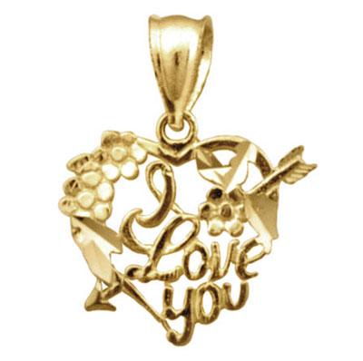 I Love You Heart  Flowers  and Arrow 14K Pendant