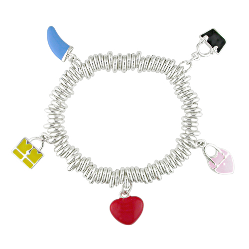 7in Brass Elastic Bracelet with Multi Colored Enamel Brass Charms
