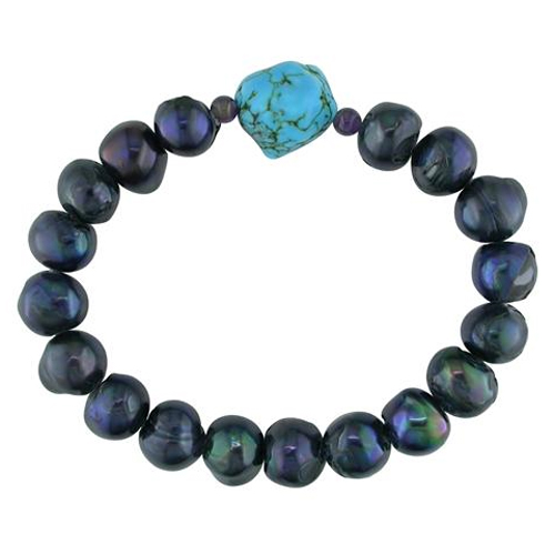 7 9-10mm FW Black Baroque Pearls with 10mm Freeform Turquoise Bead