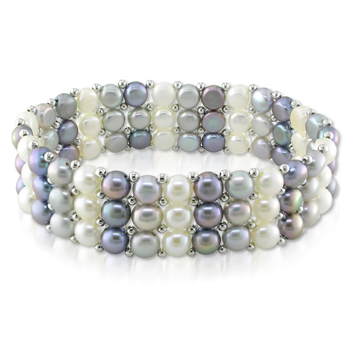 7in Triple-row 5-5.5mm Freshwater White Grey Black Button Pearl Elastic Bracel