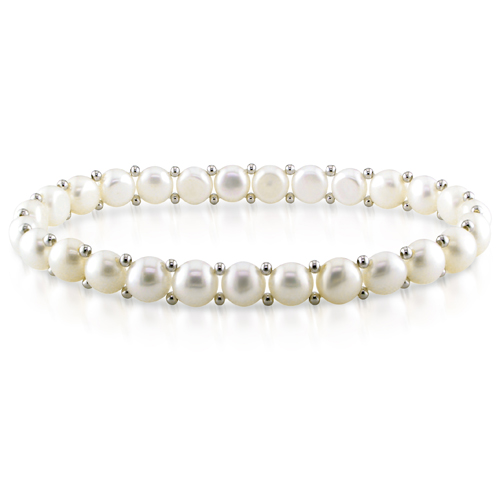 7-1/2in 6-7mm White Button Pearls W/ Silver beads Elastic Bracelet
