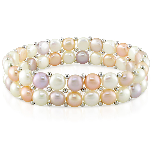 7in 6.5-7mm Plum Peach White Button Pearls W/ Silver beads Elastic Bracelet