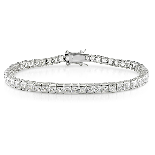 7in Silver 3mm Princess Cut Cubic Zirconia Tennis Bracelet w/pressure tongue cla