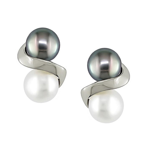 10K White Gold White  Black Freshwater Pearl Earrings
