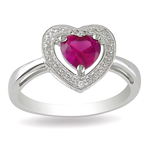 0.01 CTW Diamond 1.00 CT TGW Synthetic Ruby Heart Ring Silver