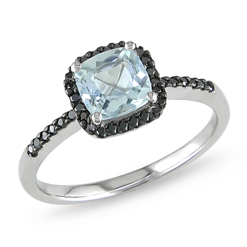 10K White Gold 1/7 CTW Black Diamond Aquamarine Halo Ring