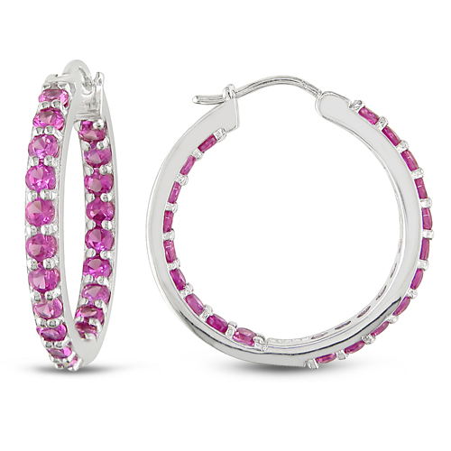 Sterling Silver 3.60 CT TGW Synthetic Pink Sapphire Hoop Earrings