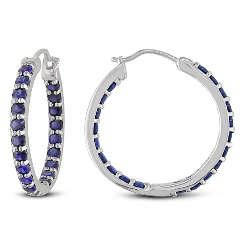 Sterling Silver 3.60 CT TGW Synthetic Sapphire Hoop Earrings