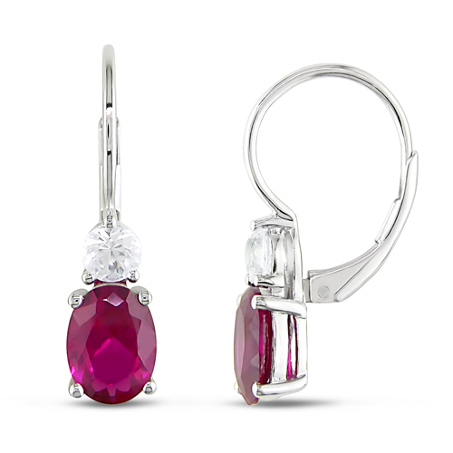 4 5/8 CT TGW Synthetic Ruby Synthetic White Sapphire LeverBack Earrings Silver