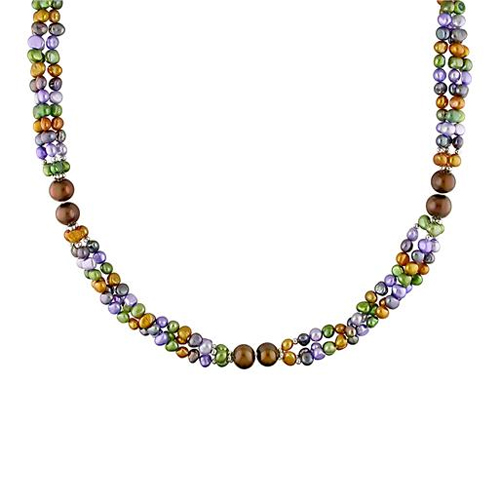 32 8-9mm Brown 4-5mm Multi-color FW Pearl Endless 3-Strand Necklace with Brass