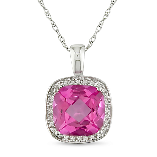 10K White Gold 0.10 CTW Diamond  3.50 CT TGW Pink Topaz Fashion Pendant with Chain