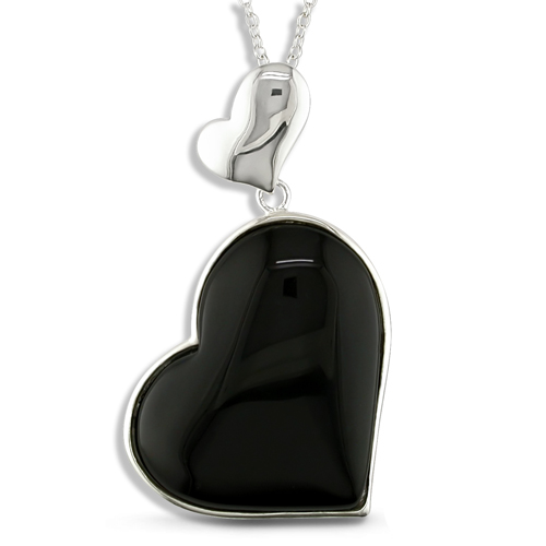 Sterling Silver 34mm Black Heart Onyx Pendant with Chain