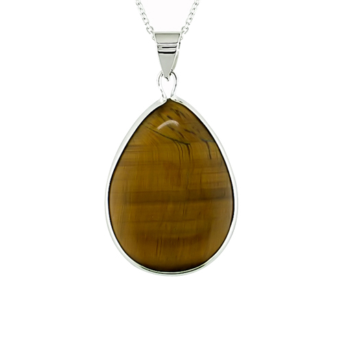 Sterling Silver 28x20mm Pear Shape Tiger Eye Pendant with Chain