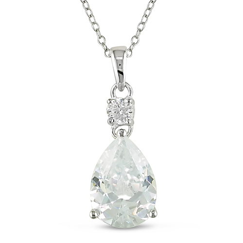 Sterling Silver Pear Shape 4mm Round Cubic Zirconia Pendant with chain