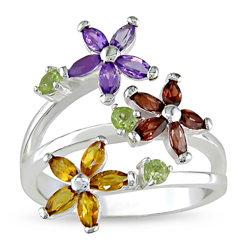 Sterling Silver w/ Garnet/Citrine/Blue Topaz/Amethyst/Peridot stones Flower Ring