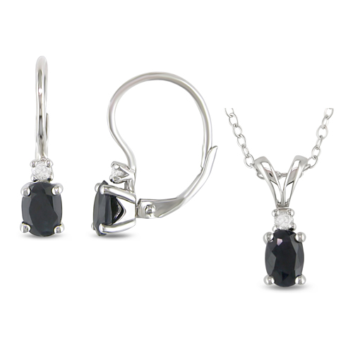 2 Piece set Black Sapphire Set Of Silver Leverback Earrings Pendant w/ Chain 1-