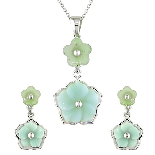 Sterling Silver Set of Green Aventurine  Blue Quartzite Flowers Earrings  Pendan