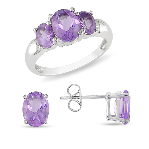 3.80 CT TGW 6x4 - 8x6mm Amethyst Set Of Silver Ring Earring