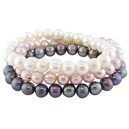 Set of 3 7in Elastic Bracelets w/ Freshwater 7-8mm Black White Pink Natural Sh