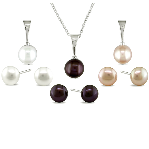 Set of 3 Sterling Silver Freshwater Multi-Color Button Pearl Earrings  Pendants 