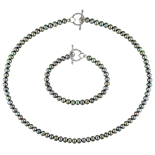 5-6mm Black Freshwater Pearl 7in Bracelet  18in Necklace Set w/ Silver Toggle Cl