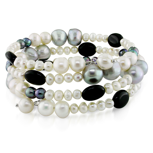 FW 8-9mm Grey 4 6-7mm White 5mm Black Pearl w/ 10x8mm Oval Onyx Bead with Silv