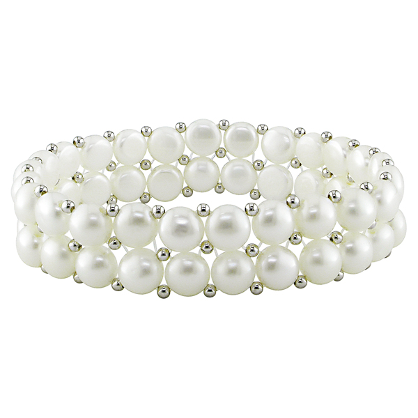 7-1/2 6.5-7mm White Cultured Button Pearls W/ Silver 2mm beads Elastic Bracelet