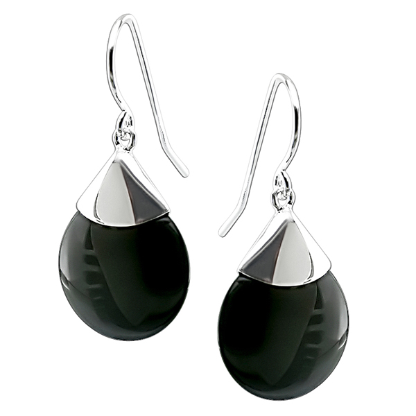 Silver Round 15.75mm onyx Hook Earrings   shepherd hook backs