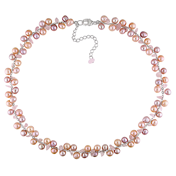 15 +2 5-6 mm Dark/Light Natural Pink Potato Pearls Rose Quartz Chips Silver Nec