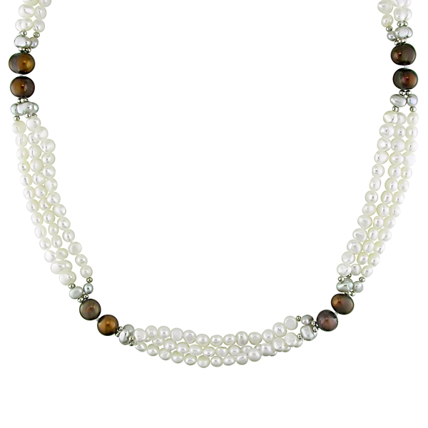 32 8-9mm Brown 4-5mm White Grey FW Pearl Endless 3-Strand Necklace w/ Brass M