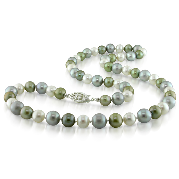 18 6-6.5mm Dyed Green  Grey   White FW Potato Pearl Necklace w/ Silver Fish Eye 