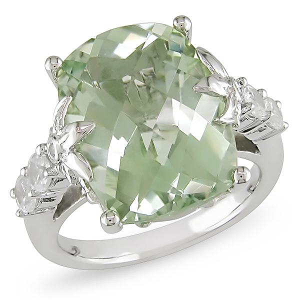 Sterling Silver 10 CT TGW Green Amethyst Synthetic White Sapphire Ring