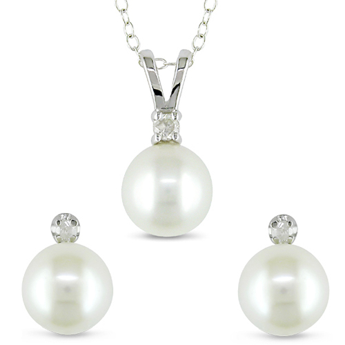 Sterling Silver Set .1 ctw Cultured Pearl Earrings Pendant