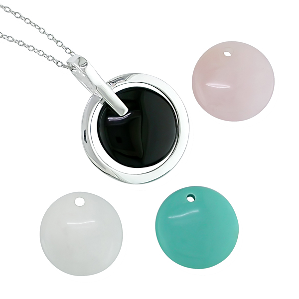 Interchangeable Sterling Silver Onyx Rose Quartz White Quartz Turquoise Round