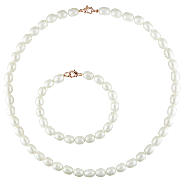18 7-7.5mm FW Rice White Pearl Necklace and Bracelet w/ Metal Lobster Clasp