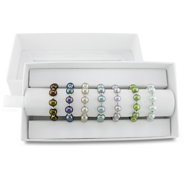 Set of 7 Elastic Rings w/ 4-5mm FW Potato Pearls White  Black  Purple  Chocolate