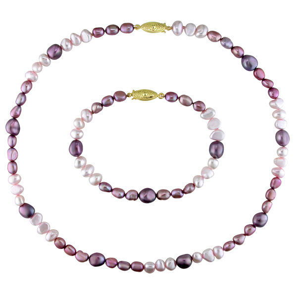 Set Of 18 8-9mm Irregular Dyed FW Purple Pearl  Necklace  7 Bracelet w/ Gold Pla