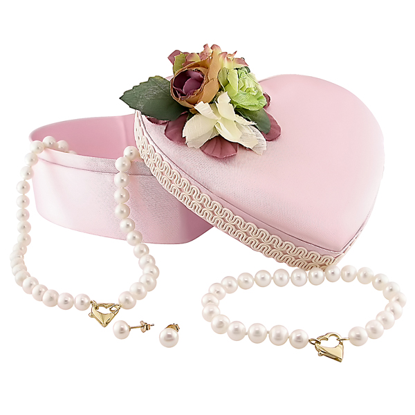 3pc Set of 6-7mm FW White Pearl 18 Necklace 7 Bracelet w/ 14KY Heart Clasp 6-7
