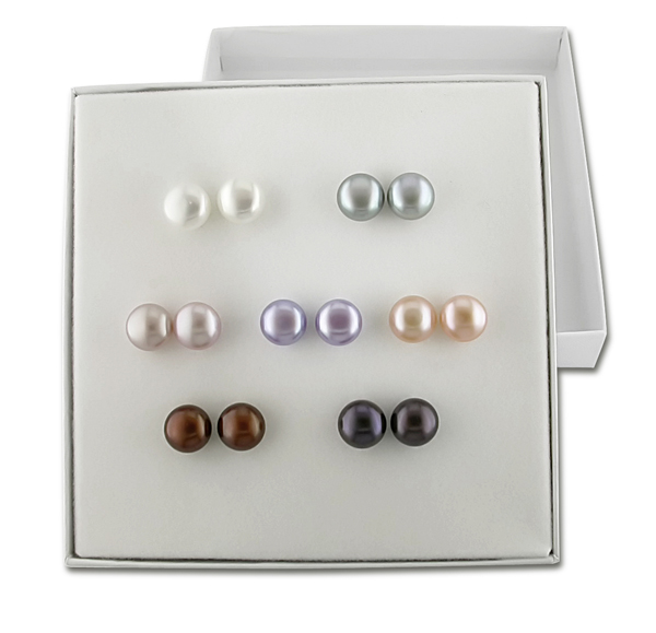 Set Of 7 10KY 8-9mm FW Multi Color Button Pearl Earrings White  Gray  Black  Pin