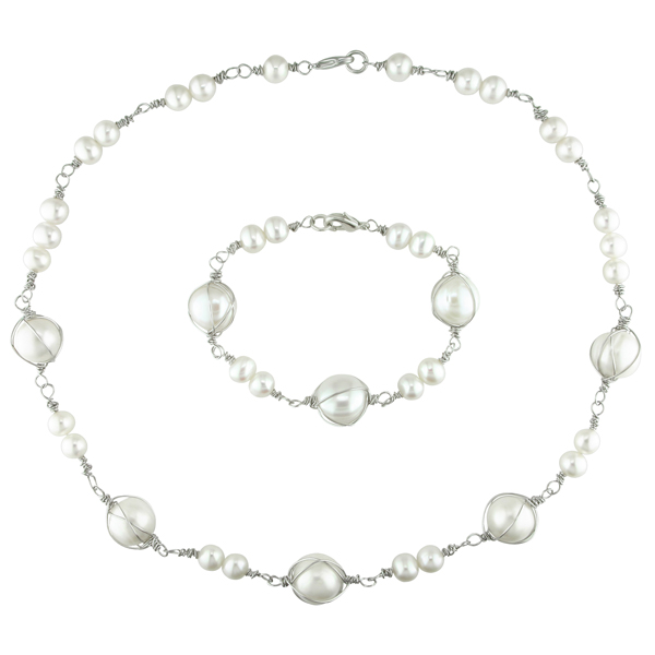 Set of 18 12-13mm White Potato Pearl Necklace  7.5 6-7mm White Potato Pearl Brac