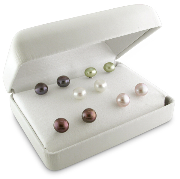 Set Of 5 Silver 6-7mm FW Multi Color Button Pearl Earrings White  Gray  Black  P