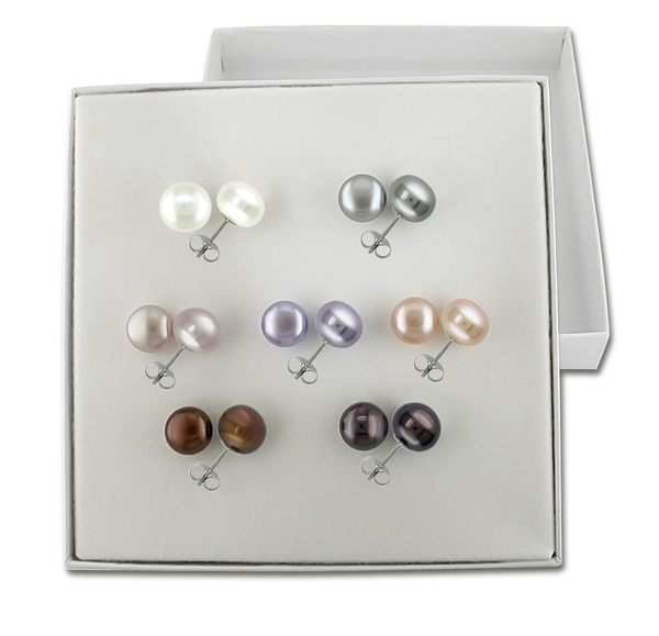 Set Of 7 Silver 8-9mm FW Multi Color Button Pearl Earrings White  Gray  Black  P