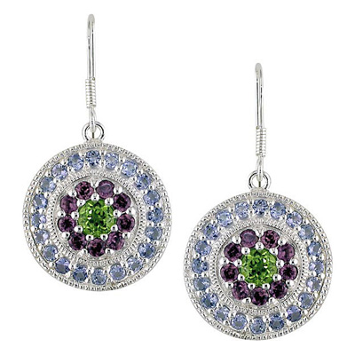 Silver 4-3/8ct TGW Earrings w/2.2mm Rd Tanzanite 2.5mm Rd Rhodolite 5mm Rd Per