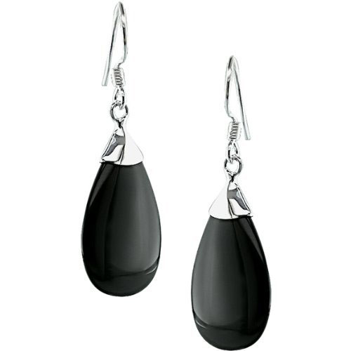 Silver 14x24mm Drop Black Onyx Hook Earrings  shepherd hook backs