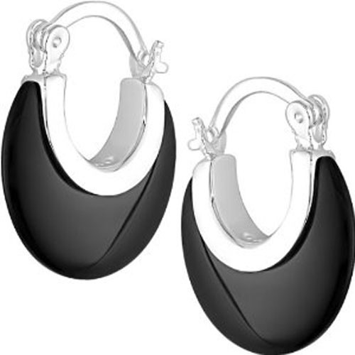Silver 20mm Round Black Onyx Hoop Earrings  clip-in backs