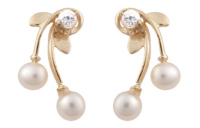 CZ 14K Pearl Leaf Earrings