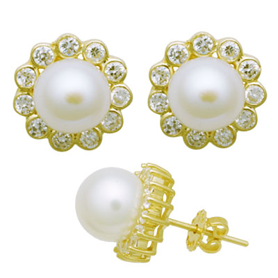 14k Yellow Gold Fancy CZ Pearl Earrings