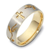 7mm 18K Two Tone Gold Floral Cross Wedding Band
