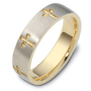 Carved & Engraved 6.00mm Cross 14K Two Tone Gold Wedding Band